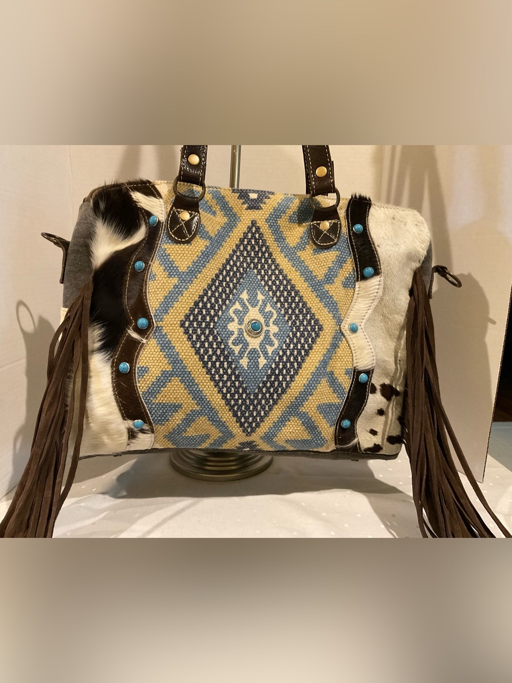 MYRA NEEDLEPOINT HANDBAG, LEATHER & HAIR CALF MATCHING GUITAR / SHOULDER STRAP - Picture 4 of 15